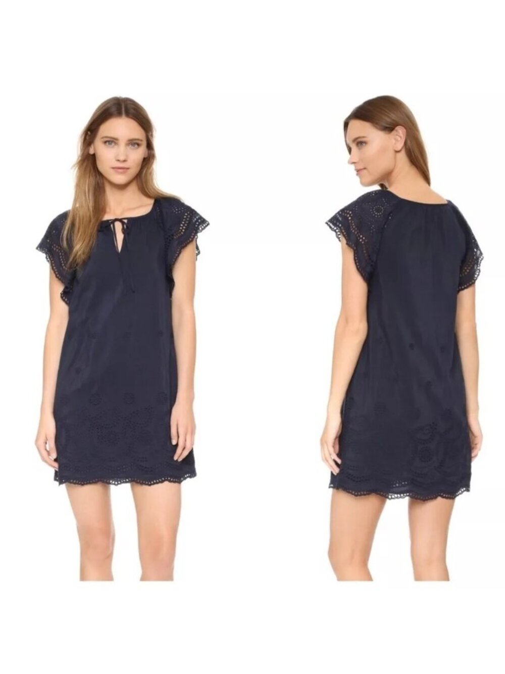 Madewell Moontide Dress XXS Navy Silk Blend Eyelet Flutter Sleeve Mini Dress